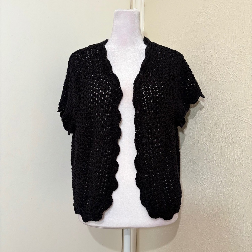 Black Short Sleeve Cardigan Open Front Knit Crochet Cottagecore Whimsigoth XL